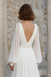 Ivory V Neck Chiffon Long Sleeves Wedding Dress with Slit