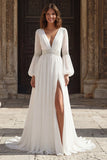 Ivory Pleated V Neck Long Sleeves Wedding Dress with Slit
