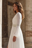 Ivory Pleated V Neck Long Sleeves Wedding Dress with Slit