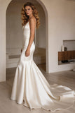 Ivory Satin Spaghetti Straps Sweep Train Mermaid Wedding Dress