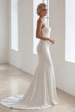 Ivory Spaghetti Straps Satin Mermaid Sweep Train Dress with Lace