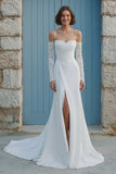 Ivory Mermaid Cold Shoulder Ruched Sweep Train Wedding Dress with Slit