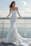 Ivory Off the Shoulder Mermaid Sweep Train Wedding Dress with Lace