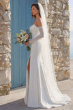 Ivory Mermiad Ruched Spaghetti Straps Sweep Train Wedding Dress with Slit