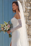 Ivory Mermiad Ruched Spaghetti Straps Sweep Train Wedding Dress with Slit