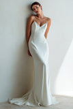 Ivory Spaghetti Straps Mermaid Sweep Train Wedding Dress with Lace