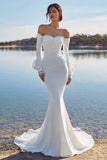Ivory Chiffon Mermaid Appliqued Sweep Train Boho Wedding Dress with Sleeves