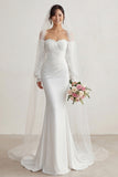 Ivory Chiffon Mermaid Appliqued Sweep Train Boho Wedding Dress with Sleeves