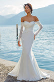 Ivory Mermaid Off The Shoulder Sweep Train Boho Wedding Dress with Sleeves
