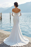 Ivory Mermaid Off The Shoulder Sweep Train Boho Wedding Dress with Sleeves