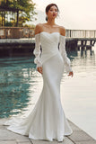 Ivory Off The Shoulder Mermaid Sweep Train Boho Wedding Dress with Lace Sleeves