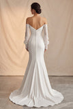 Ivory Off The Shoulder Mermaid Sweep Train Boho Wedding Dress with Lace Sleeves