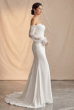 Ivory Off The Shoulder Mermaid Sweep Train Boho Wedding Dress with Lace Sleeves