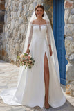 Ivory A Line Off The Shoulder Sweep Train Boho Wedding Dress with Slit
