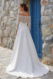 Ivory A Line Off The Shoulder Sweep Train Boho Wedding Dress with Slit