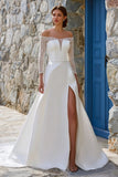 Ivory A Line Off The Shoulder Sweep Train Boho Wedding Dress with Slit