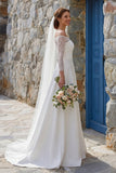 Ivory A Line Off The Shoulder Sweep Train Boho Wedding Dress with Slit