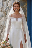 Ivory A Line Off The Shoulder Sweep Train Boho Wedding Dress with Slit