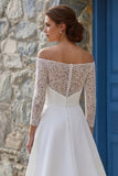 Ivory A Line Off The Shoulder Sweep Train Boho Wedding Dress with Slit