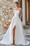Sparkly Ivory A Line Beaded Long Sleeves Sweep Train Boho Wedding Dress with Slit