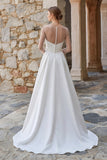 Sparkly Ivory A Line Beaded Long Sleeves Sweep Train Boho Wedding Dress with Slit