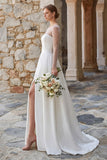 Sparkly Ivory A Line Beaded Long Sleeves Sweep Train Boho Wedding Dress with Slit