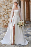 Sparkly Ivory A Line Beaded Long Sleeves Sweep Train Boho Wedding Dress with Slit