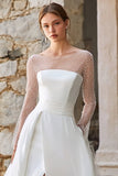 Sparkly Ivory A Line Beaded Long Sleeves Sweep Train Boho Wedding Dress with Slit