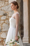 Sparkly Ivory A Line Beaded Long Sleeves Sweep Train Boho Wedding Dress with Slit