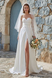 Ivory A-Line Strapless Long Chiffon Wedding Dress with Slit