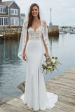 Ivory Mermaid Appliqued Satin Wedding Dress with Court Train