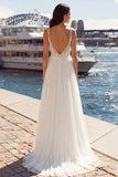 Ivory A Line Appliqued Pleated Tulle Long  Wedding Dress with Slit