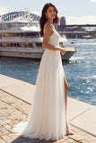 Ivory A Line Appliqued Pleated Tulle Long  Wedding Dress with Slit
