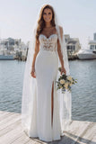 Ivory Mermaid Appliqued Satin Long Wedding Dress with Slit