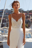 Mermaid Ivory Spaghetti Straps Lace Sweep Train Wedding Dress