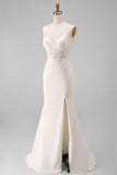 Ivory Mermaid Spaghetti Straps Lace Satin Sweep Train Wedding Dress