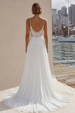 Ivory Lace A Line Sweep Train Wedding Dress with Slit