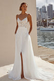 Ivory Lace A Line Sweep Train Wedding Dress with Slit