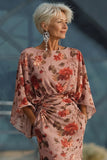 Dusty Rose Floral Ruched Sheath Mother of the Bride Dress with Long Sleeve