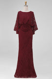 Lace Burgundy Sheath Mother of the Bride Dress with Long Sleeve
