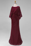 Lace Burgundy Sheath Mother of the Bride Dress with Long Sleeve