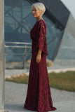Lace Burgundy Sheath Mother of the Bride Dress with Long Sleeve