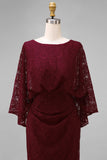 Lace Burgundy Sheath Mother of the Bride Dress with Long Sleeve