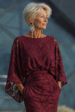 Lace Burgundy Sheath Mother of the Bride Dress with Long Sleeve