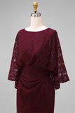 Lace Burgundy Sheath Mother of the Bride Dress with Long Sleeve