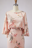 Dusty Rose Flower Printed Sheath Satin Mother of the Bride Dress with Flared Sleeves