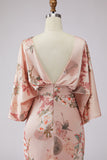 Dusty Rose Flower Printed Sheath Satin Mother of the Bride Dress with Flared Sleeves