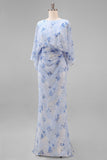 Blue Flower Bateau Neck Sheath Long Mother Of the Bride Dress with Half Sleeves