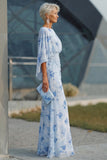 Blue Flower Bateau Neck Sheath Long Mother Of the Bride Dress with Half Sleeves