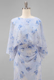Blue Flower Bateau Neck Sheath Long Mother Of the Bride Dress with Half Sleeves